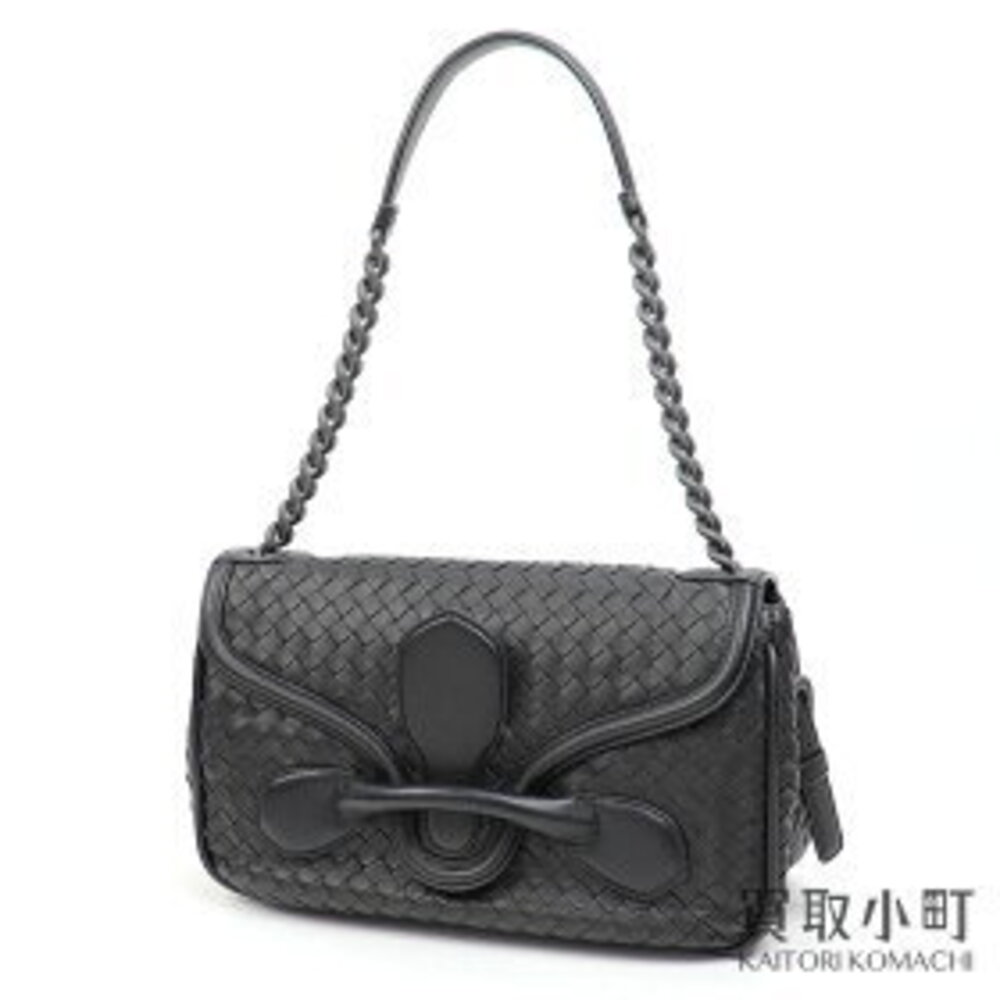 Bottega Veneta Nero Black Rialto Intrecciato Chain Shoulder Bag Black Calfskin